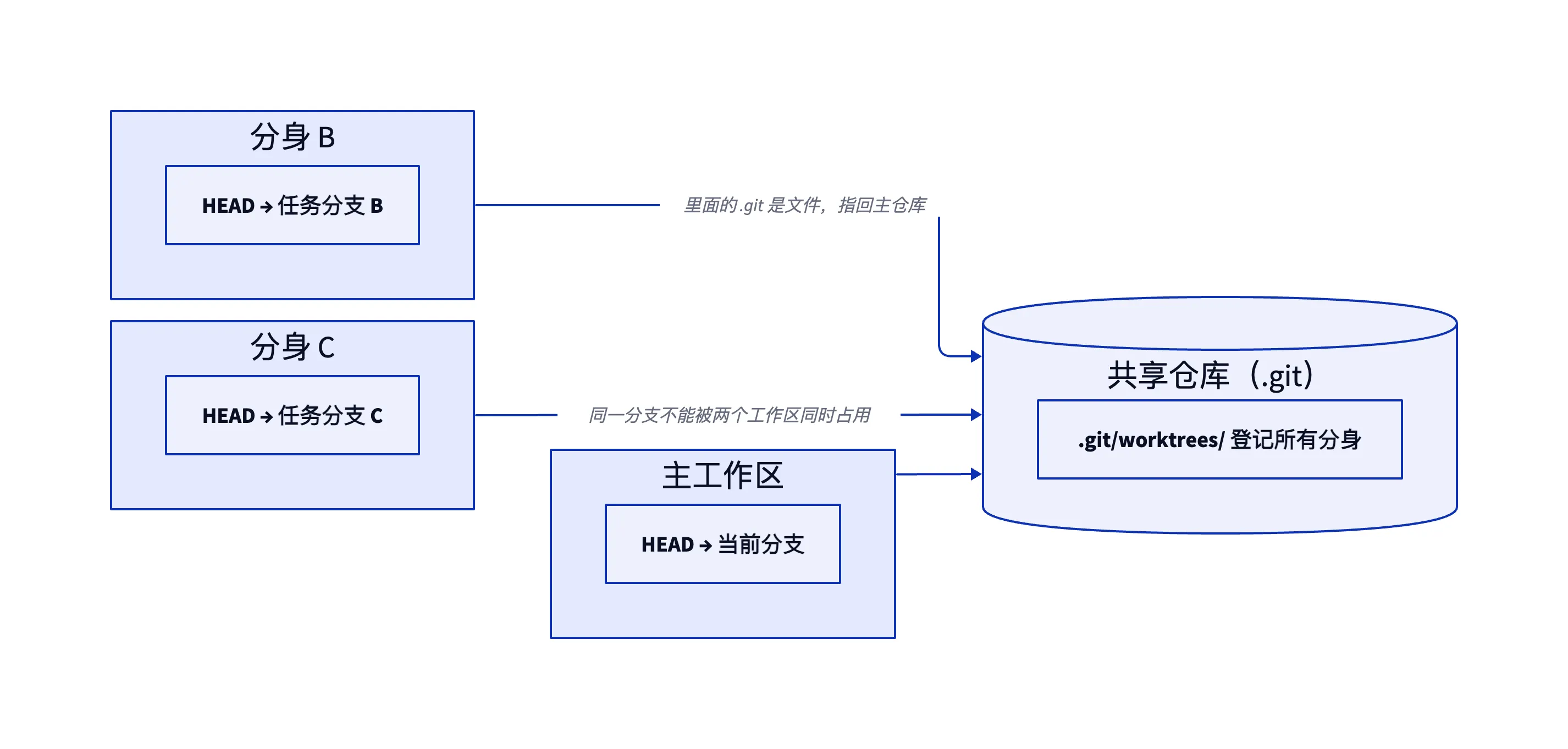 一个 .git 挂多个工作区：主工作区与两个分身各自持有独立 HEAD，共享同一份提交历史