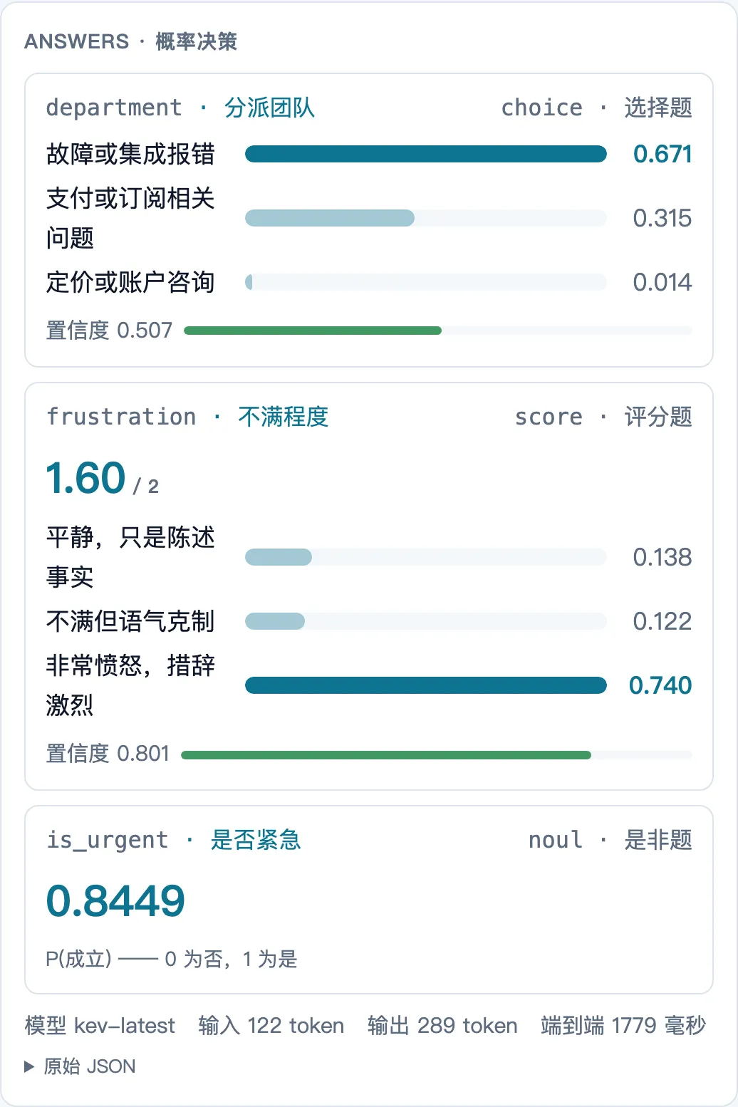 本地 Kev-0.8B 实测:中文工单三题并行,choice 给分布和置信度,score 给期望分,noul 给概率(自制 playground 截图,2026-09-23)