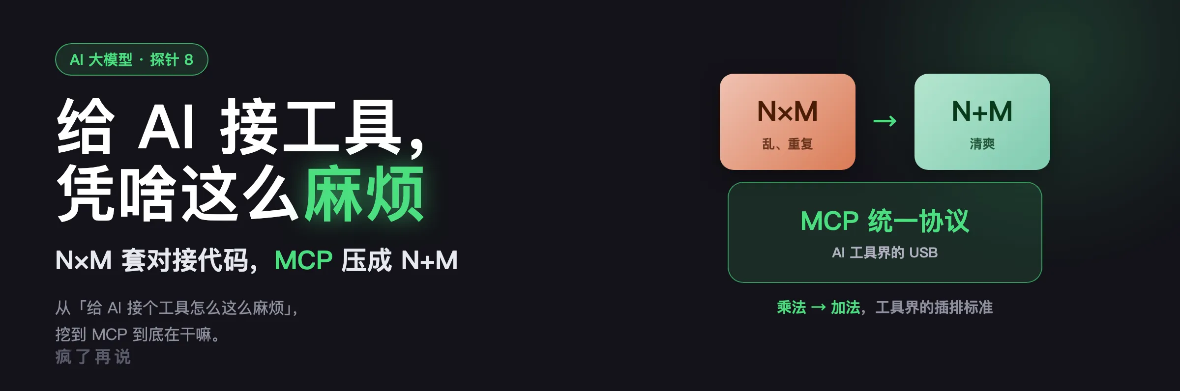 探针 8 封面:给 AI 接个工具,为什么这么麻烦——N×M 麻烦,MCP 压成 N+M
