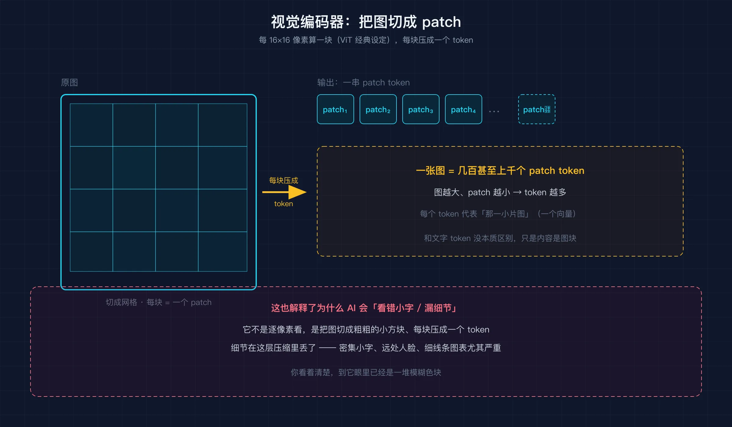 视觉编码器把图切成 patch 网格:每 16×16 像素一块,每块压成一个 token